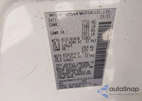 2015 Nissan Pathfinder Sv z USA, uszkodzony, nr VIN 5N1AR2MN1FC652642